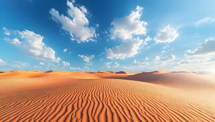 Naklejka premium Vast desert landscape under a blue sky, showcasing undulating sand dunes and fluffy clouds for an inspiring nature scene.