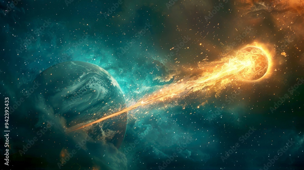 Poster a flaming celestial object collides with a planet in space