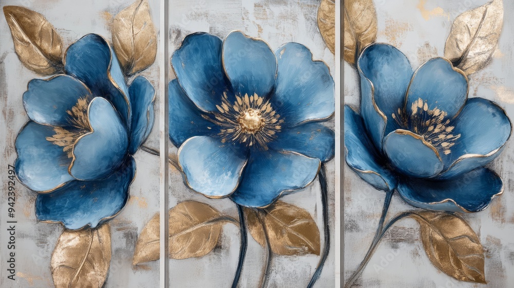 Poster Elevate your decor with these stunning modern 3D floral wall art panels featuring vibrant blue flowers and elegant gold accents