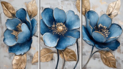Elevate your decor with these stunning modern 3D floral wall art panels featuring vibrant blue flowers and elegant gold accents