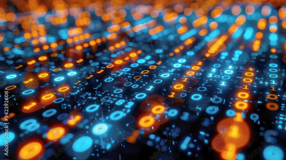 Poster binary code with blue and orange glowing digits