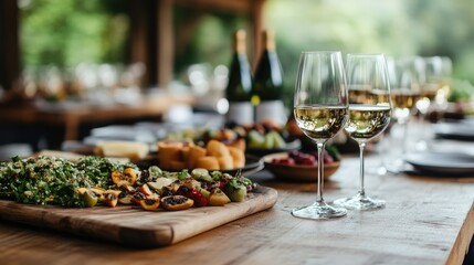 Elegant dining setup featuring wine glasses and gourmet appetizers on a wooden table in a serene outdoor setting.