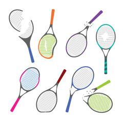 Set of broken tennis racket set collection with badminton racquet lose Bat tennis championship match icon, torn tennis racket, Breaking Down Tennis Abuse, vector illustration.