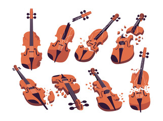 Set of broken violin set collection with broken strings, Restringing the violin is the theme, shattered or torn musical instrument, classic perform artist viola, flat vector illustration. © vesvocrea