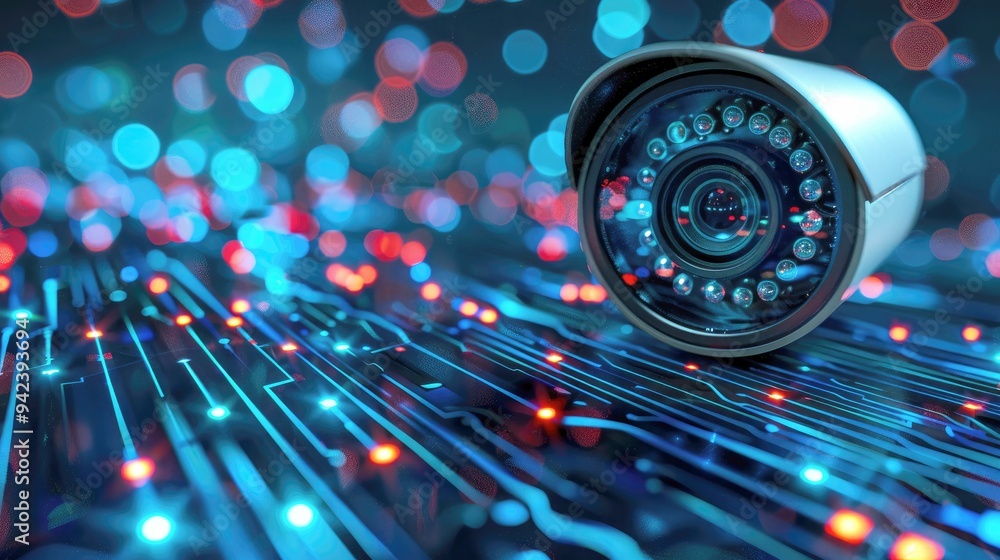Poster security camera lens with glowing circuit board background