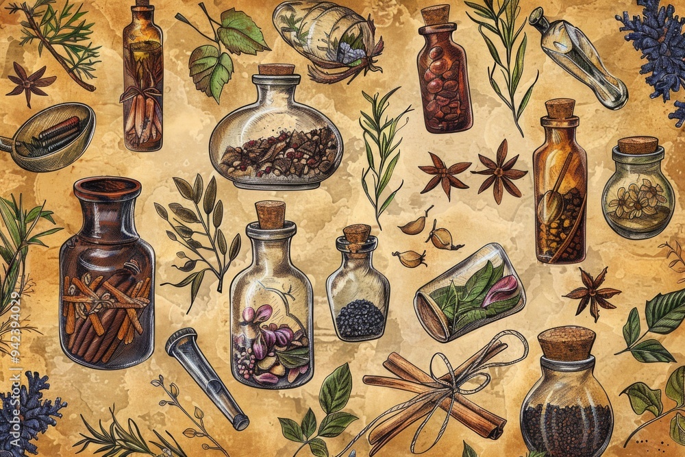 Poster Assorted spices and herbs displayed in glass containers for sale or display