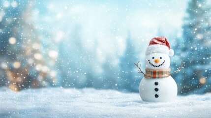 Happy snowman standing in christmas landscape. Snow background with copy space