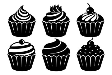  Six different style cup cakes silhouette vector illustration