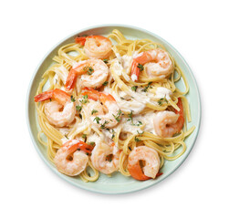 Delicious pasta with shrimps and creamy sauce isolated on white, top view