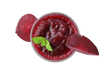 Tasty beetroot smoothie with mint in glass and pieces of fresh vegetable isolated on white, top...