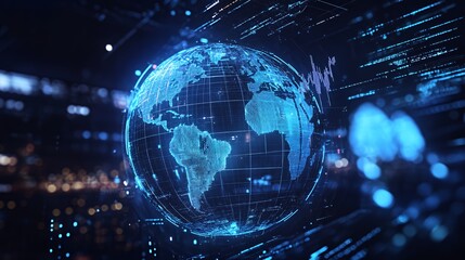 Fototapeta premium A digital representation of Earth with data visualizations and technology elements.