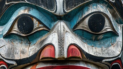Close-up of a Carved Wooden Totem Pole Face with Blue Eyes and Red Nose