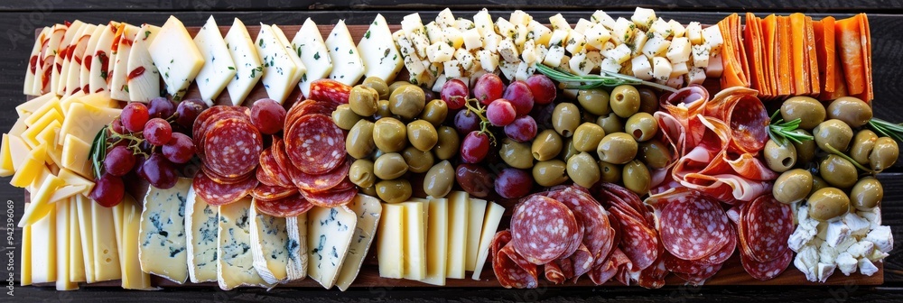 Canvas Prints Variety of Cheeses and Salami on a Charcuterie Board Accompanied by Grapes and Nuts, Featuring Olives, Peppers, Chorizo, and Semi-Cured Cheese