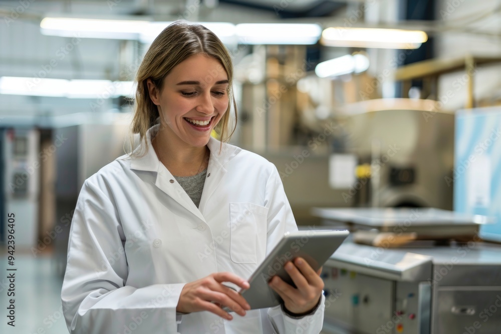 Poster scientist works on tablet in laboratory environment