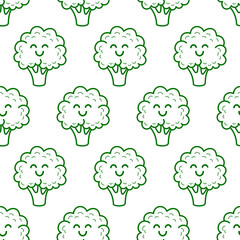 Seamless pattern with cute happy smiling funny broccoli vegetable kawaii character. Modern line style cartoon icons on white background. Healthy food concept.