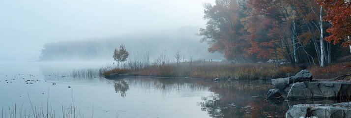 Foggy dawn by the water's edge