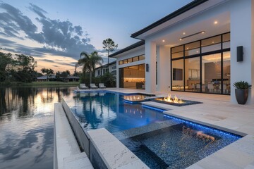 Fototapeta premium Modern luxury Florida home with large pool, fire pit, white stucco walls, blue LED lights, and lake view with palm trees.