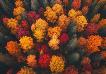 Aerial view of a vibrant autumn forest with trees in shades of orange, red, and yellow