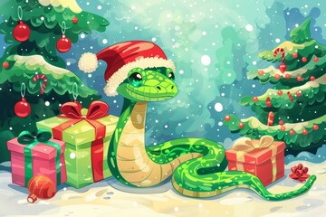 Cute snake in a Santa hat next to gifts and a Christmas tree