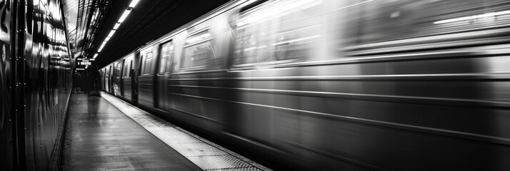 High-resolution motion-blurred subway train reflecting the speed and vibrancy of city life in monochrome.
