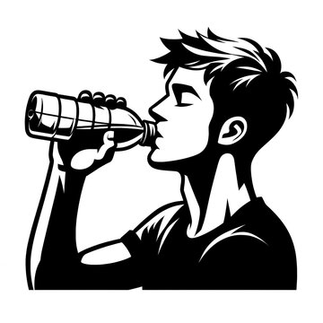 recommend clip art: Isolated black and white vector illustration of a young man drinking water from a glass on a white background.