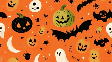 A festive Halloween-themed pattern featuring pumpkins, ghosts, bats, and spooky elements.
