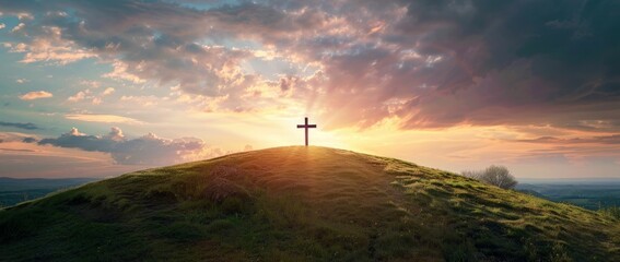 The magnificent sunset view of the sacred cross on top of the hill representing faith and travel
