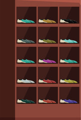 Wooden shoe rack is displaying a variety of colorful shoes for sale in a retail setting