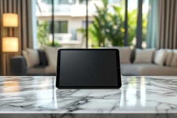Fototapeta premium Mock up tablet on marble counter with copy space in blurred living room background with generative ai