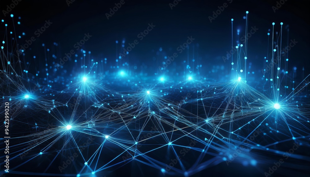 Poster abstract visualization of digital connections featuring glowing blue nodes and lines against a dark 