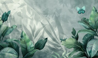 Tropical jungle scene with green leaves, butterflies, and sunlight shining through in an artistic painting