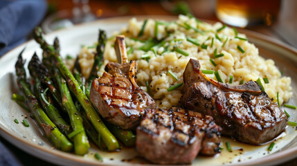 A plate of lamb chops and risotto with asparagus. The asparagus is tender and slightly charred
