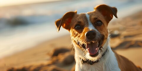 Happy dog on the beach, dog in the water, dog in the sea