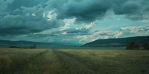 Obraz premium Dark clouds hover above serene farmland