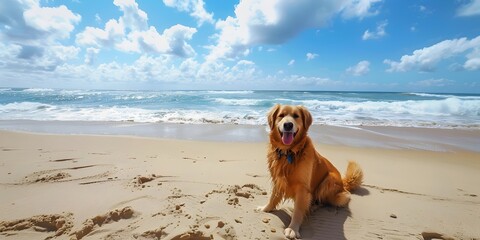 Happy dog on the beach, dog in the water, dog in the sea