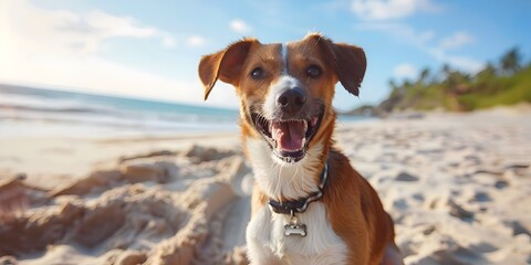 Happy dog on the beach, dog in the water, dog in the sea