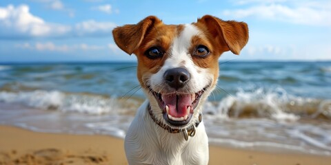Happy dog on the beach, dog in the water, dog in the sea, terrier