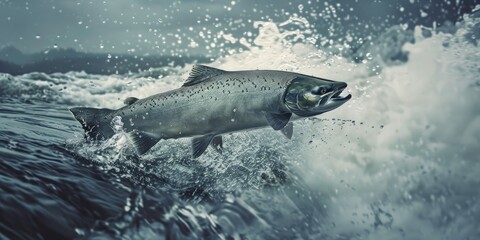 Fototapeta premium Atlantic Salmon Leaping in Freshwater Rapids