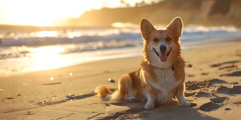 Happy dog on the beach, dog in the water, dog in the sea