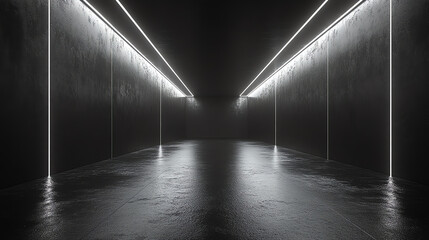 Dark, concrete tunnel with bright white lines of light running down the center.

