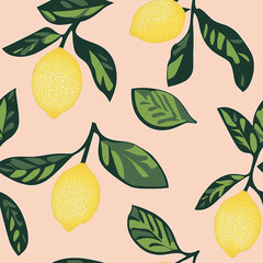 Lemon citrus seamless repeating background with light pink background
