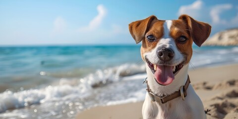 Happy dog on the beach, dog in the water, dog in the sea