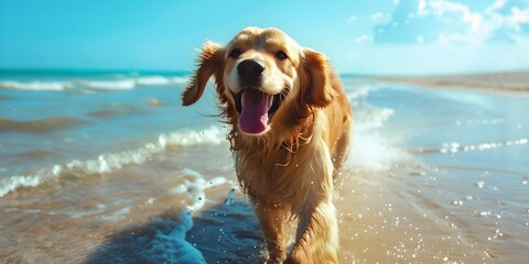 Happy dog on the beach, dog in the water, dog in the sea, happy golden retriever at the beach 