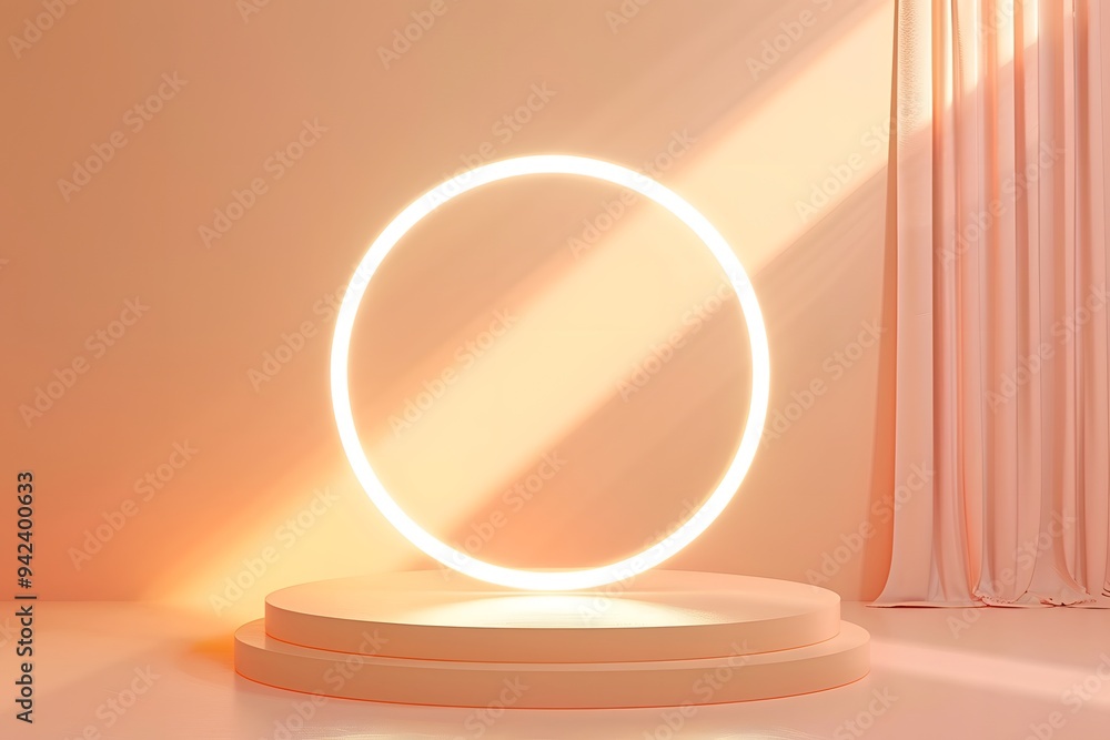 Poster 3d rendered podium with circular light effect on pastel peach background vector presentation design 