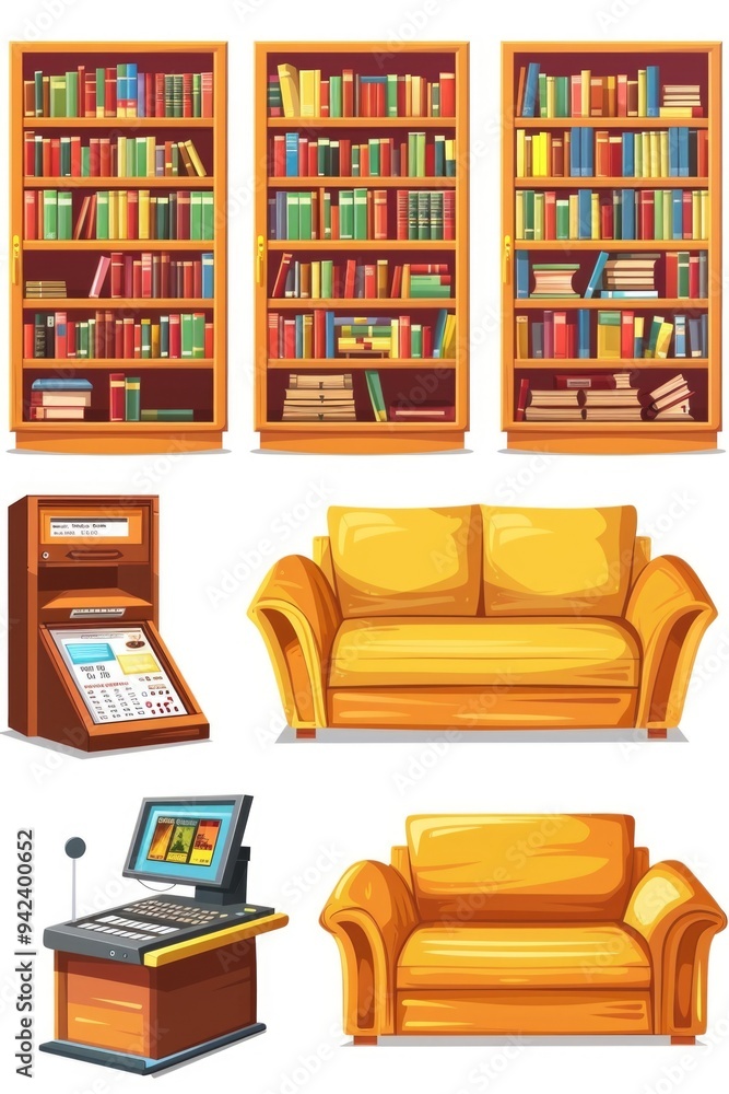 Poster study area with bookshelves, couch and computer