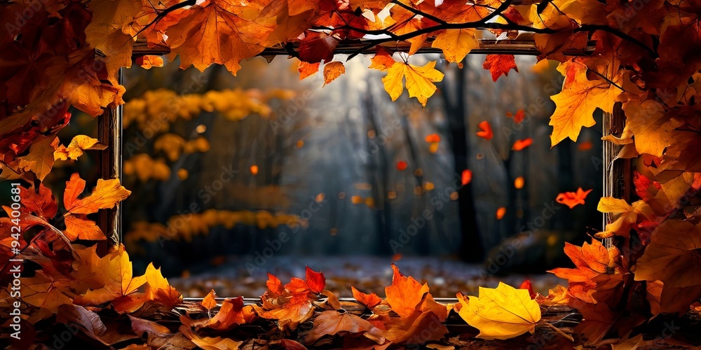 Poster a frame of autumn leaves with a forest in the background