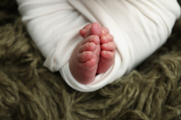 The tiny foot of a newborn. Soft feet of a newborn in a white blanket on dark green background. Close up of toes, heels and feet of a newborn baby. Studio Macro photography. Woman's happiness.