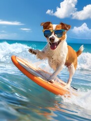 Happy dog on the beach, dog in the water, dog in the sea, terrier, happy dog surfing at the beach wearing a sunglasses 