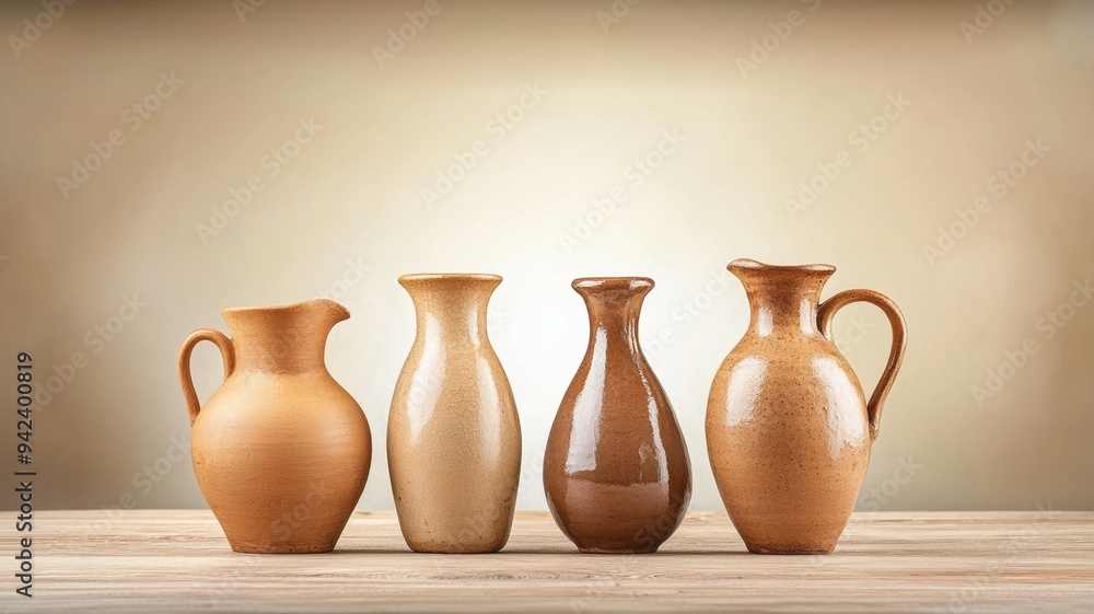 Poster four vases of different sizes and shapes are lined up on a wooden table