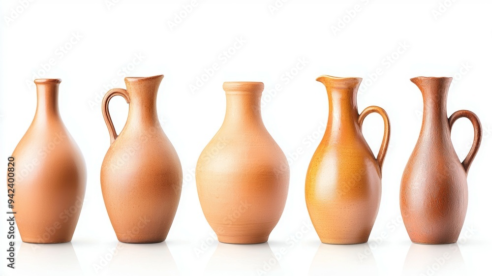 Poster five vases of different sizes and shapes are lined up on a white background
